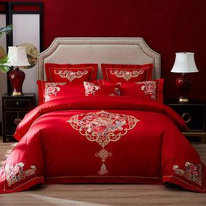 结婚床上用品四件套大红刺绣图片